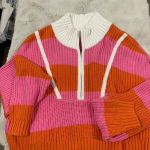 STAUD Orange and Pink Cowl Neck Sweater with Bold Stripes